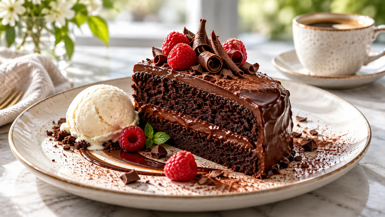 Slice of gluten free chocolate cake with raspberries, vanilla ice cream, and coffee.