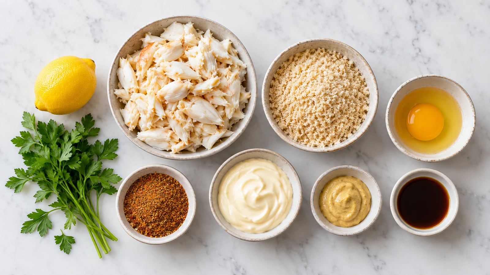 Gluten free crab cake recipe: gluten free crab cake ingredients arranged in bowls with lump crab, crumbs, egg, lemon, and seasonings.