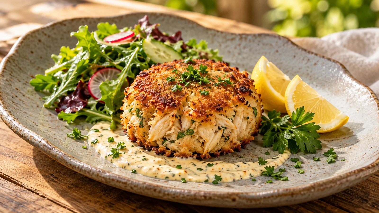 Gluten free crab cake served with creamy zesty sauce, fresh parsley, lemon wedges, and green salad.
