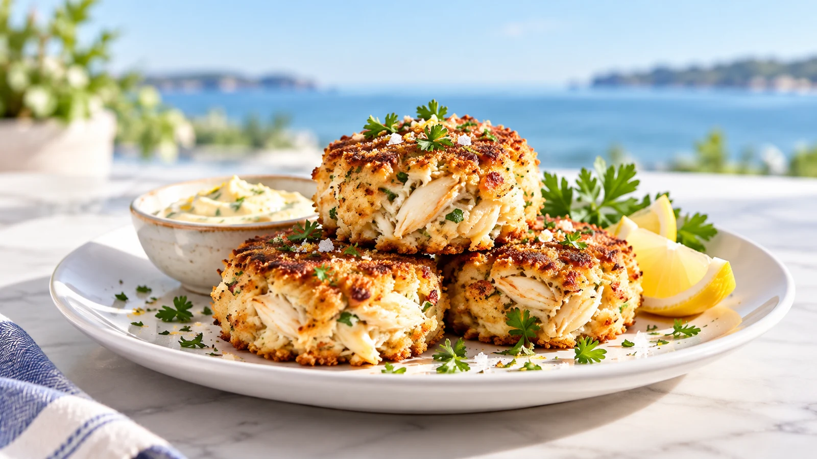 Gluten free crab cake stacked golden and crisp with zesty sauce, parsley, and lemon wedges.