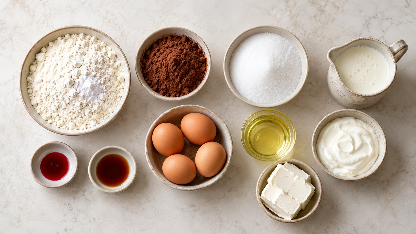 Gluten free red velvet cake recipe: ingredients for gluten free red velvet cake arranged in bowls on a light surface.