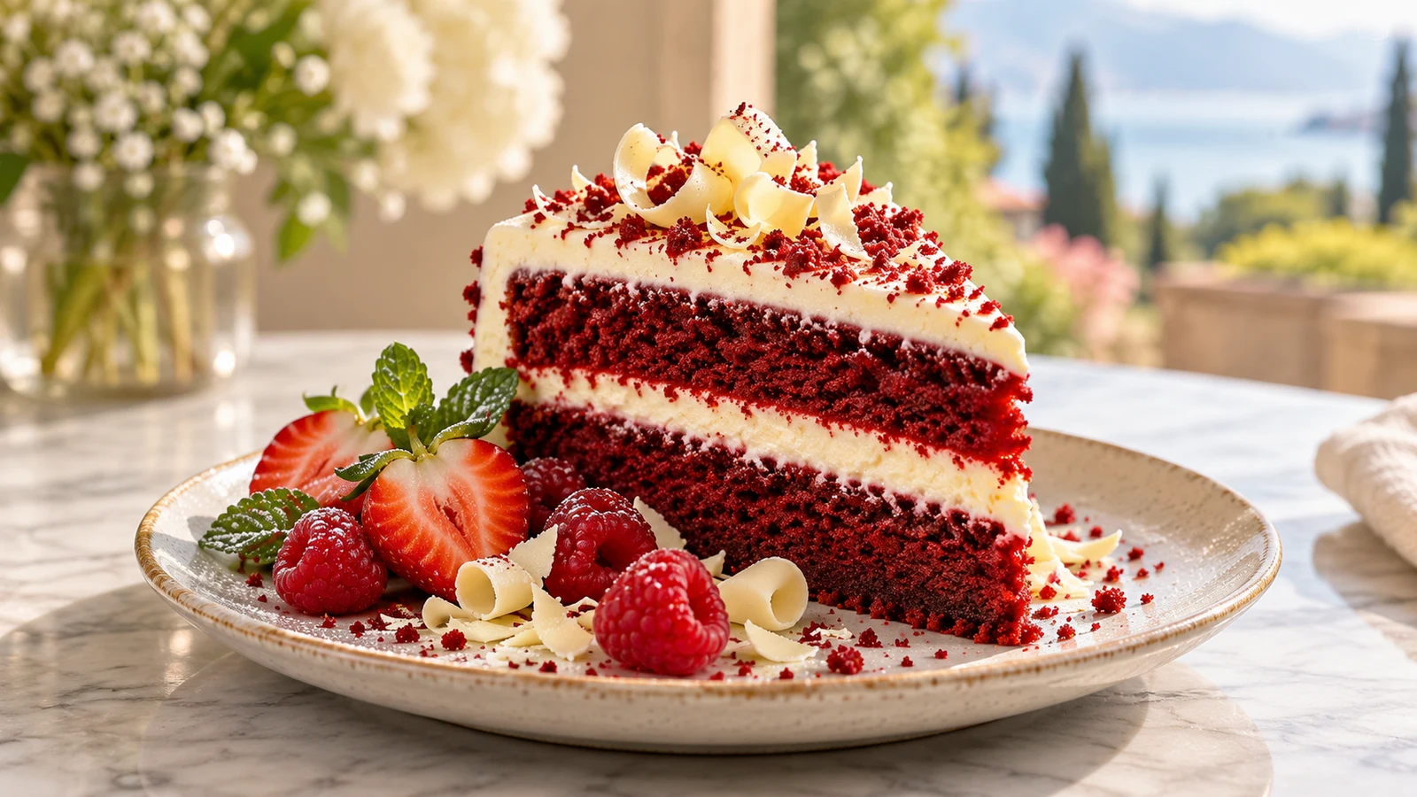Slice of gluten free red velvet cake served with strawberries and raspberries.
