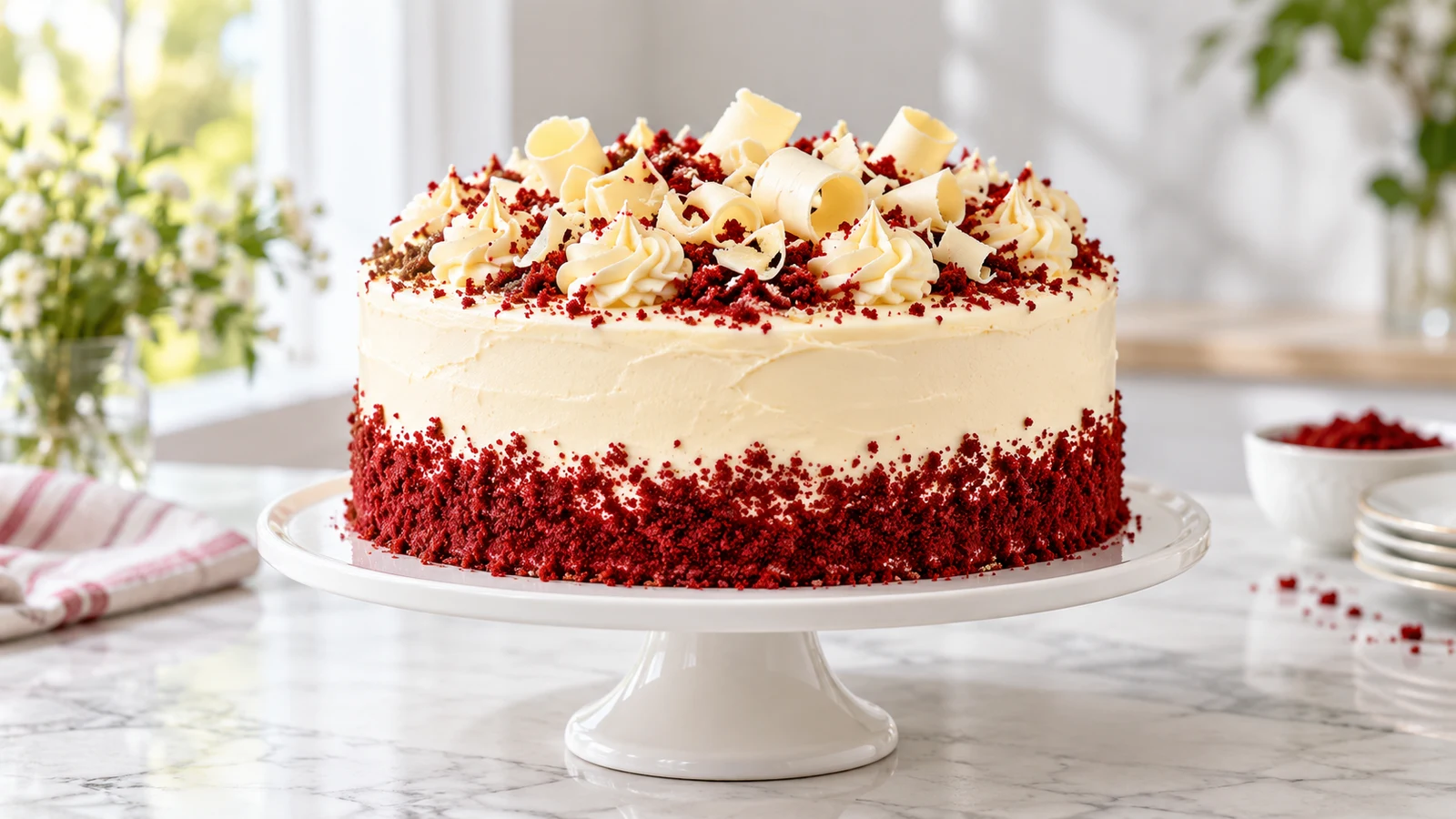 Gluten free red velvet cake with cream cheese frosting, red crumbs and white-chocolate curls.