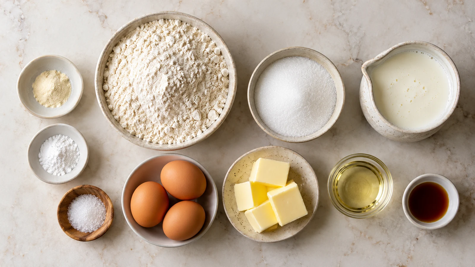 Gluten free vanilla cake recipe: ingredients for gluten free vanilla cake arranged in bowls on a clean, light surface.