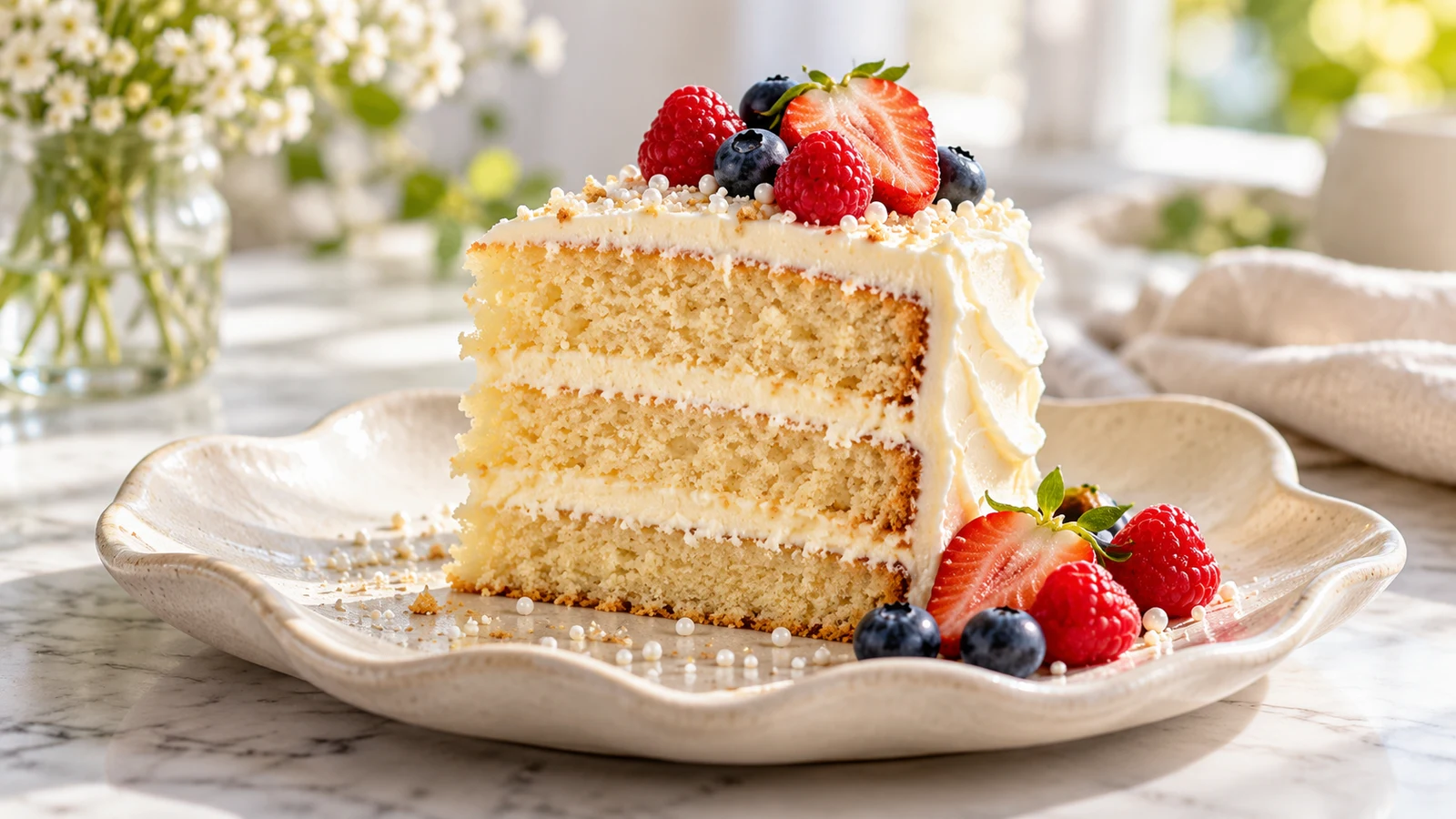 Slice of gluten free vanilla cake with creamy buttercream, white sprinkles, and fresh berries.