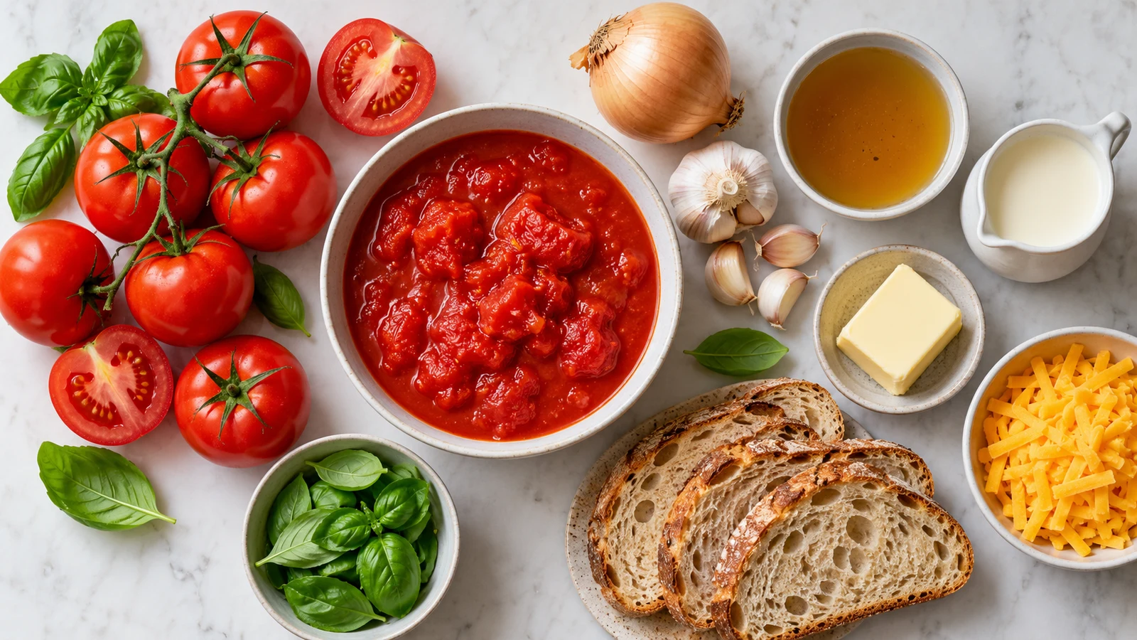Grilled cheese and tomato soup recipe: ingredients for grilled cheese and tomato soup arranged in a bright, organized overhead flat lay.
