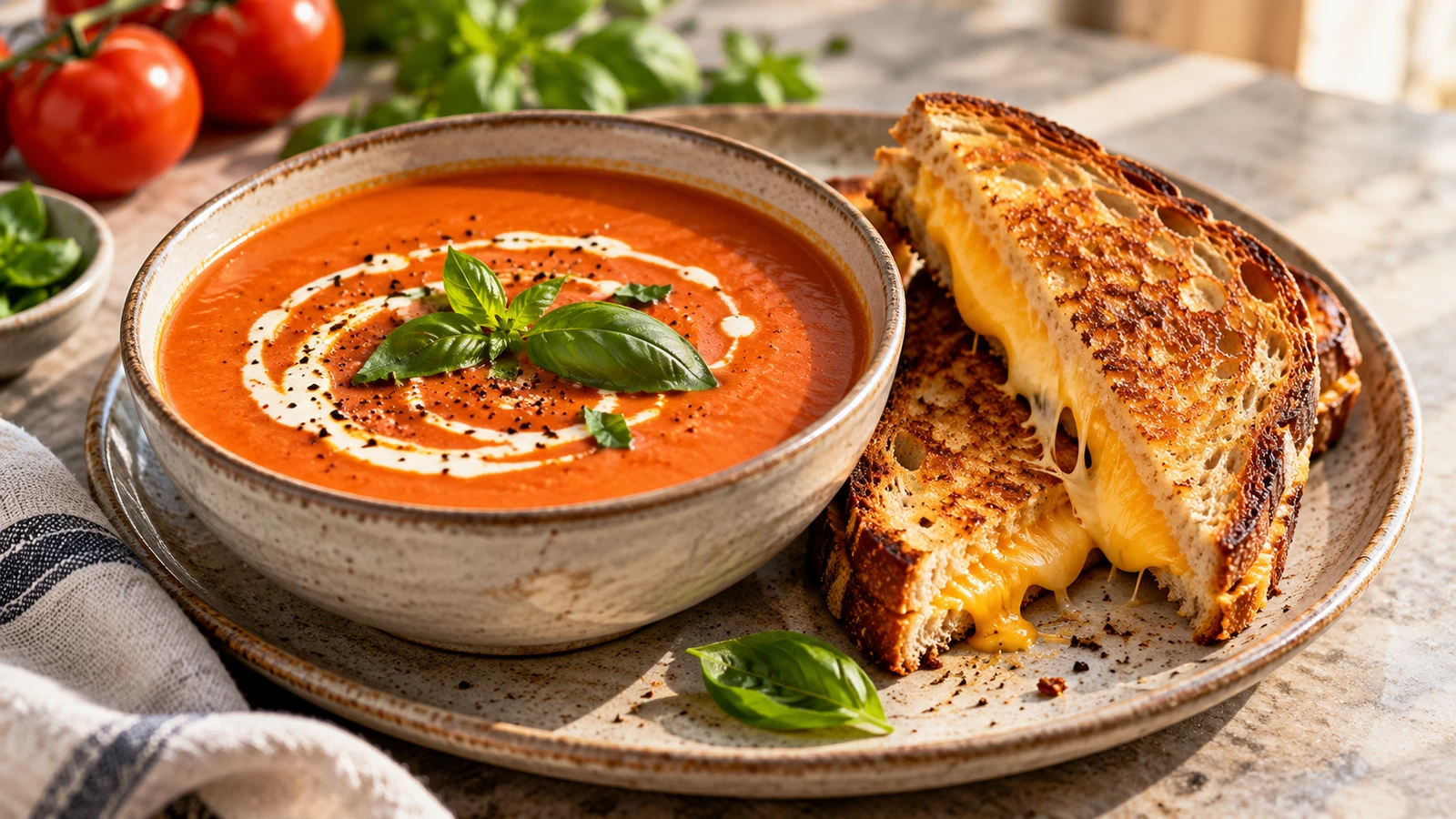 Grilled cheese and tomato soup served with a diagonally cut cheddar sandwich ready for dipping.