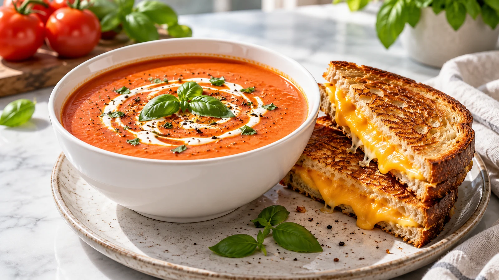 Grilled cheese and tomato soup with a basil-topped cream swirl and golden cheddar sourdough sandwich.