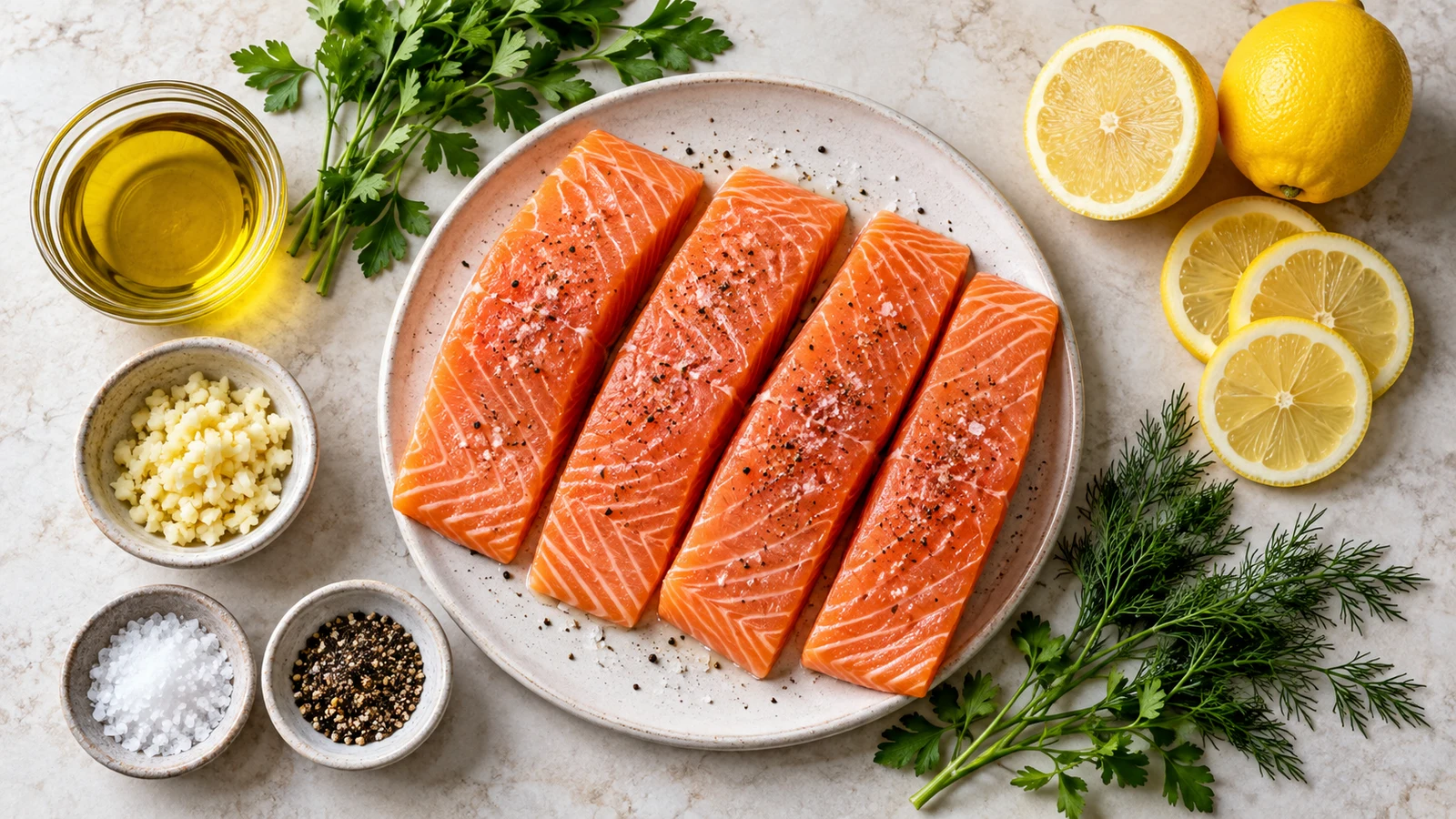 Healthy baked salmon ingredients with salmon, lemon, garlic, olive oil, dill, parsley, salt and pepper.