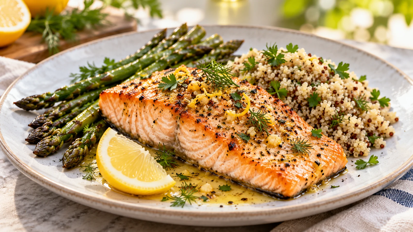 Healthy baked salmon served with roasted asparagus, fluffy quinoa, herbs and a fresh lemon wedge.