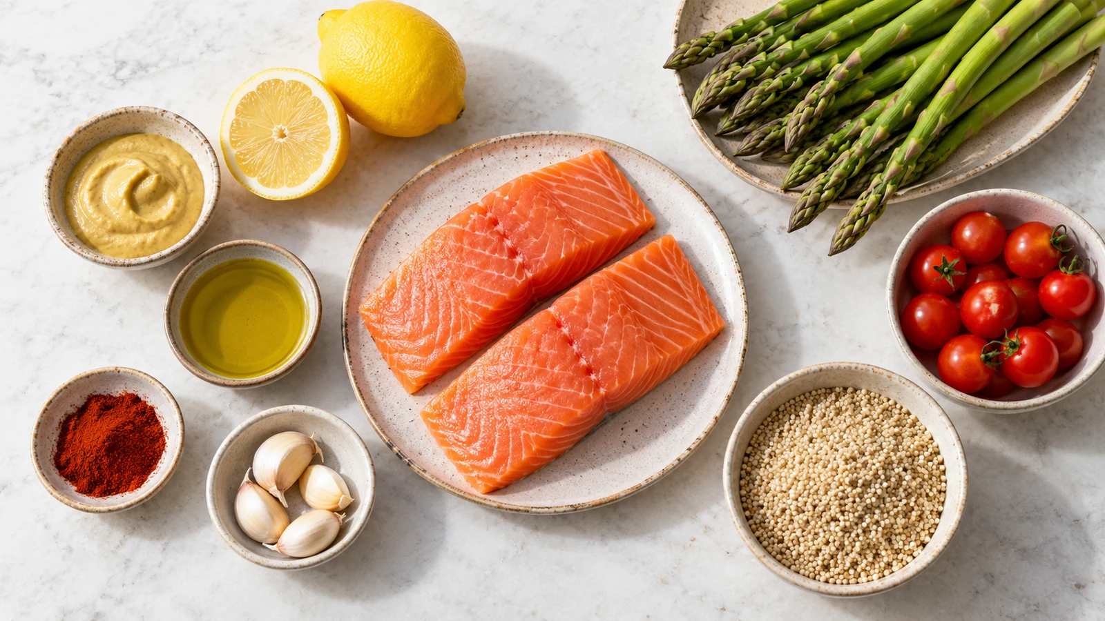 Healthy salmon dinner recipes ingredients with salmon, Dijon, lemon, garlic, vegetables, paprika, and quinoa.