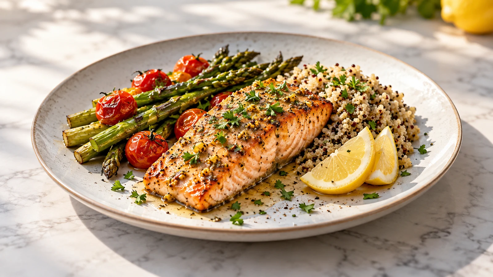 Healthy salmon dinner recipes serving of Dijon salmon with roasted vegetables, quinoa, parsley, and lemon.