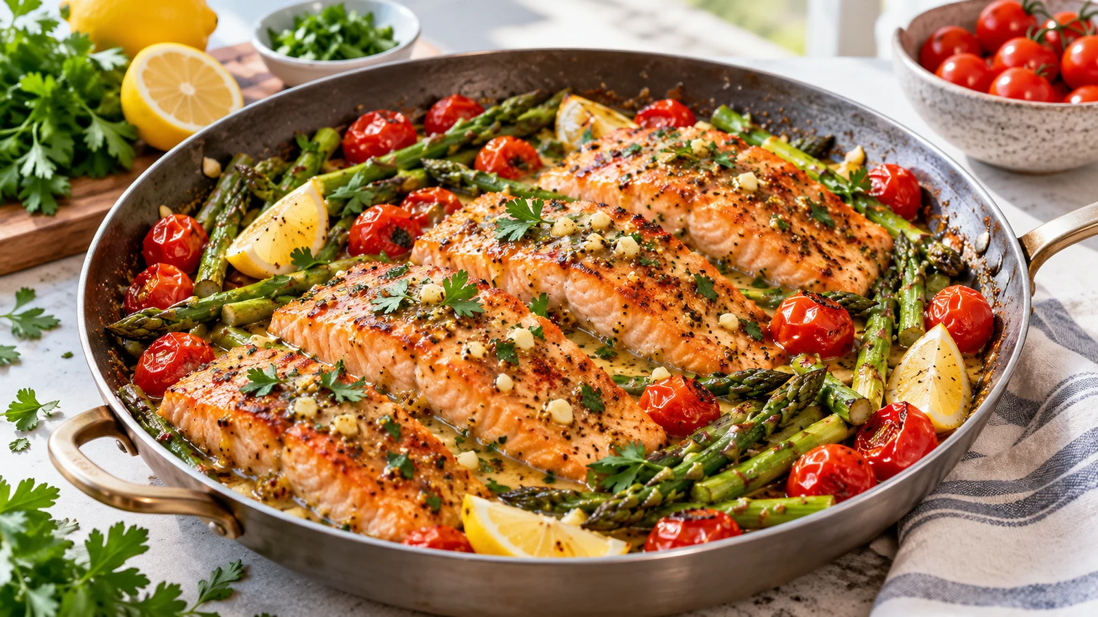 Healthy salmon dinner recipes hero with Dijon salmon, roasted asparagus, cherry tomatoes, lemon, and parsley.