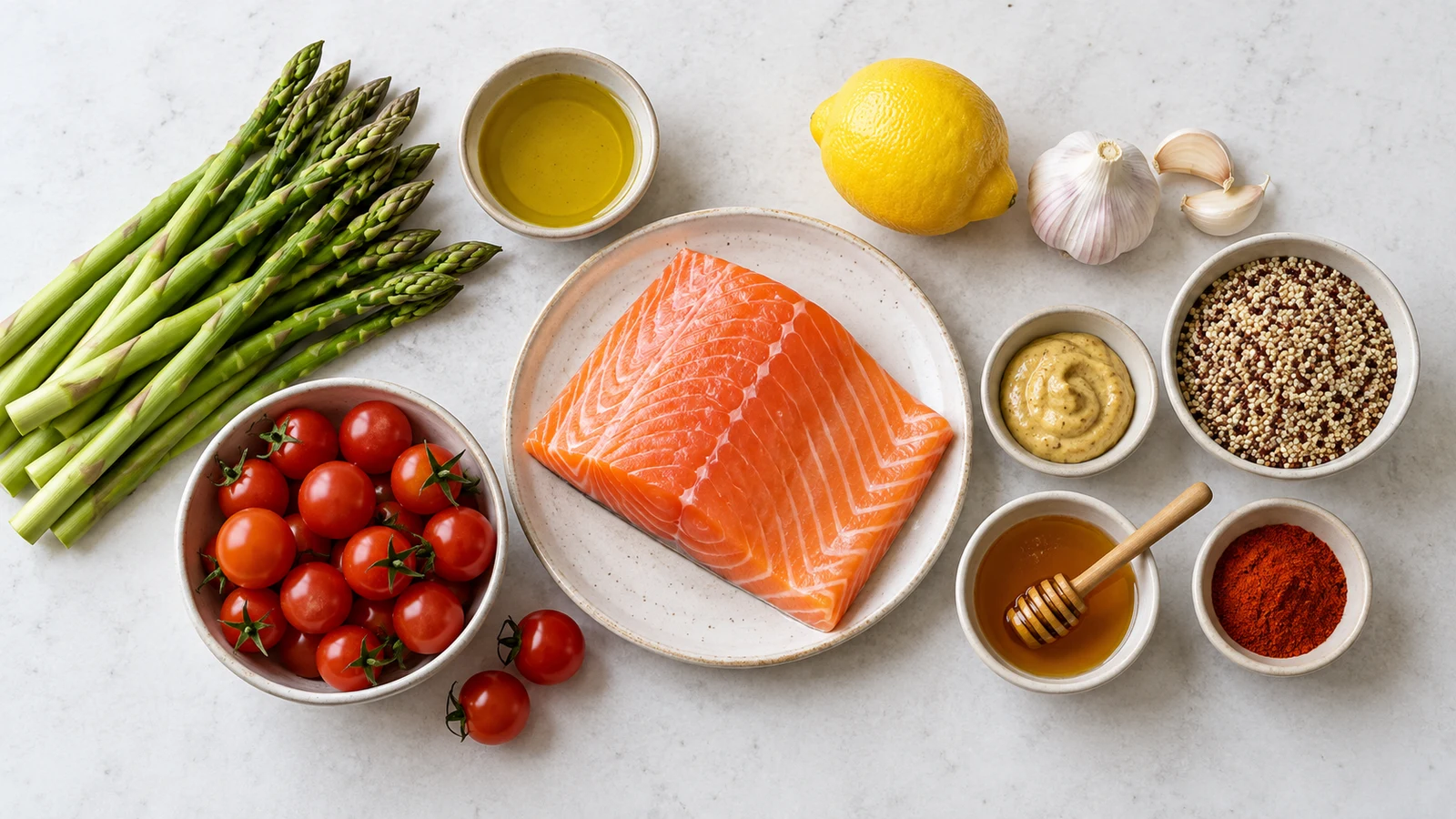Healthy salmon meal recipes: ingredients for a healthy salmon meal, including salmon, quinoa, asparagus, tomatoes, lemon and seasonings.