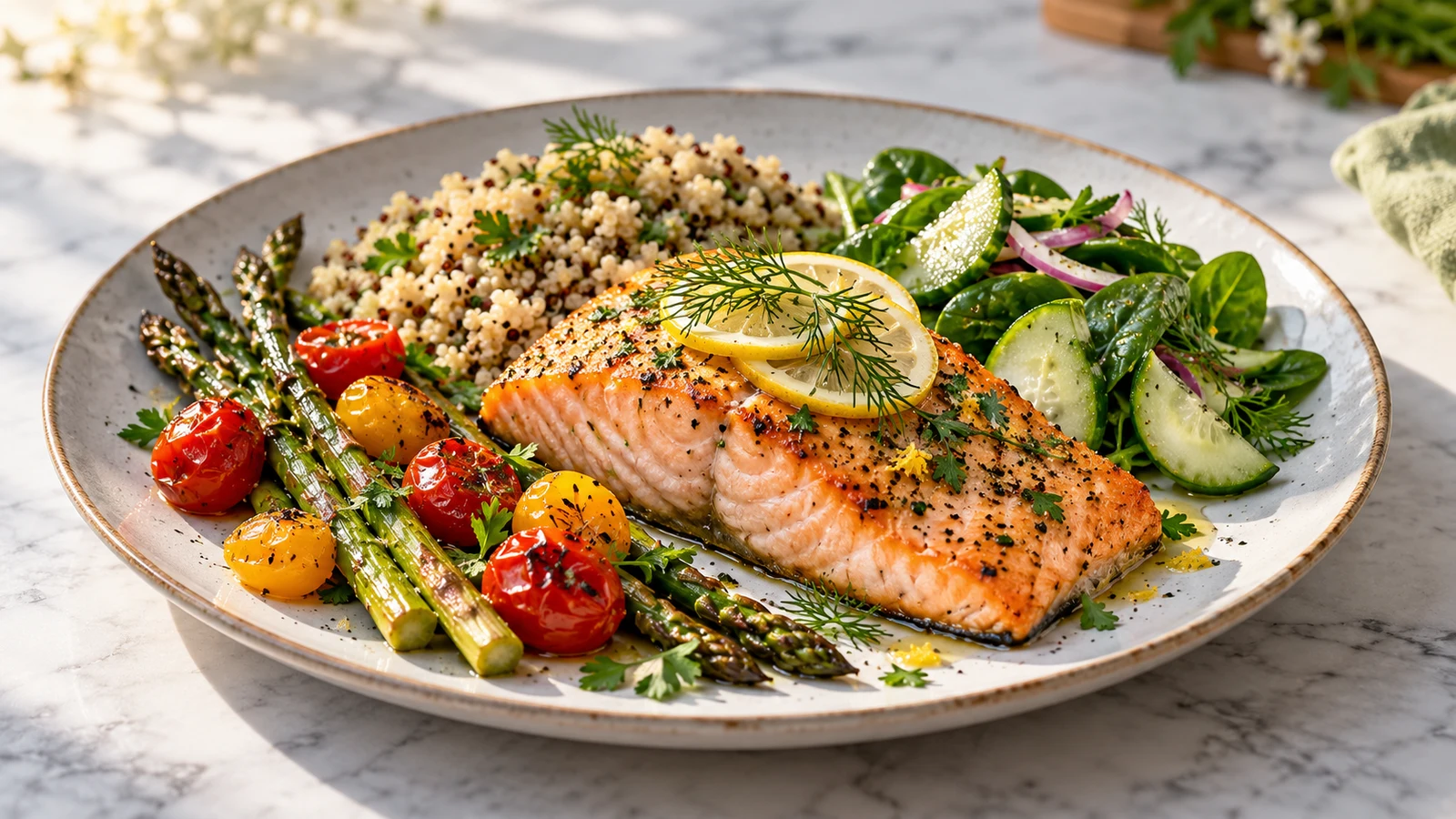 Healthy salmon meal served with fluffy quinoa, roasted vegetables and a crisp cucumber-spinach salad.