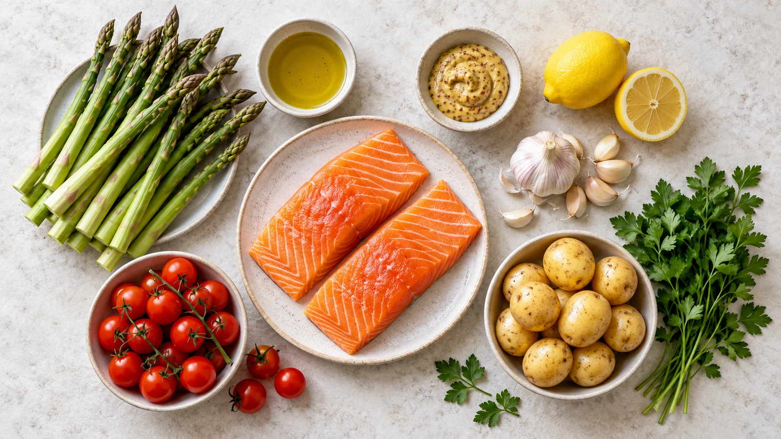 Healthy salmon recipes ingredients with salmon, lemon, garlic, Dijon, asparagus, tomatoes, and potatoes.