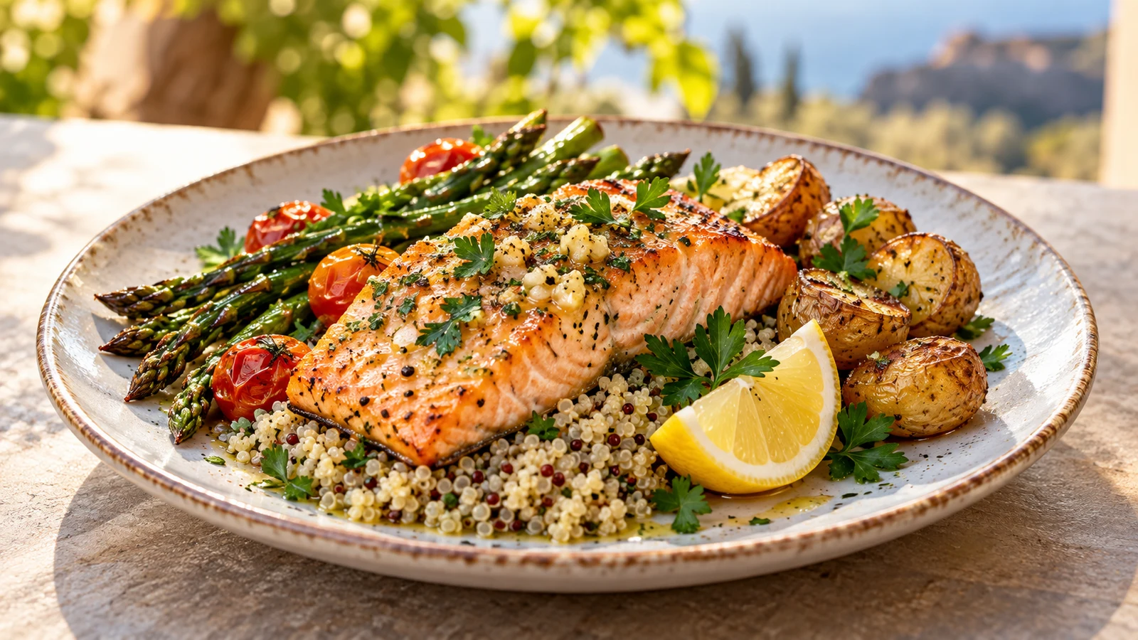 Healthy salmon recipes serving of lemon-garlic baked salmon with quinoa, vegetables, parsley, and lemon.
