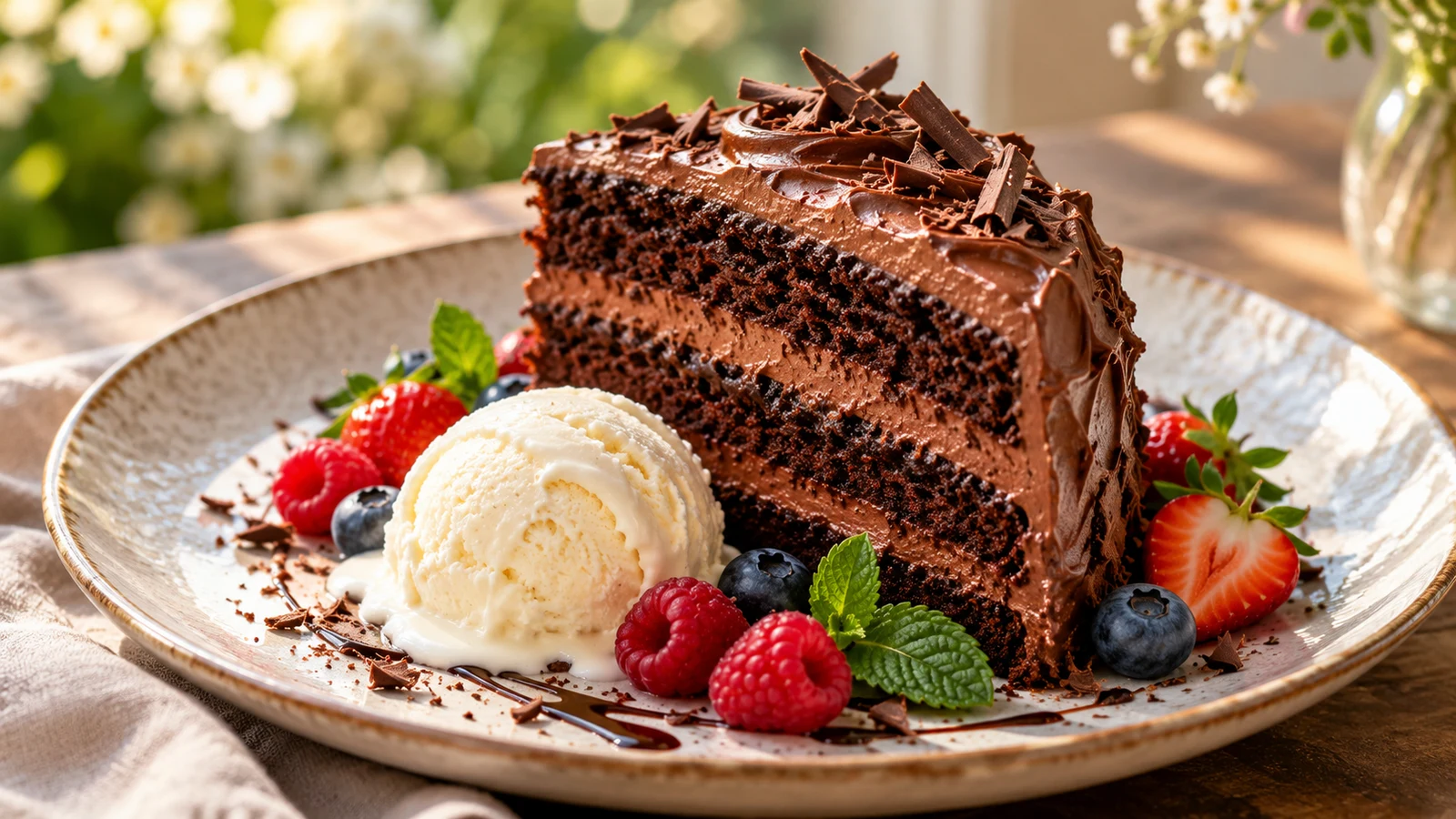 Slice of Hershey's chocolate cake served with fresh berries and a scoop of vanilla ice cream.