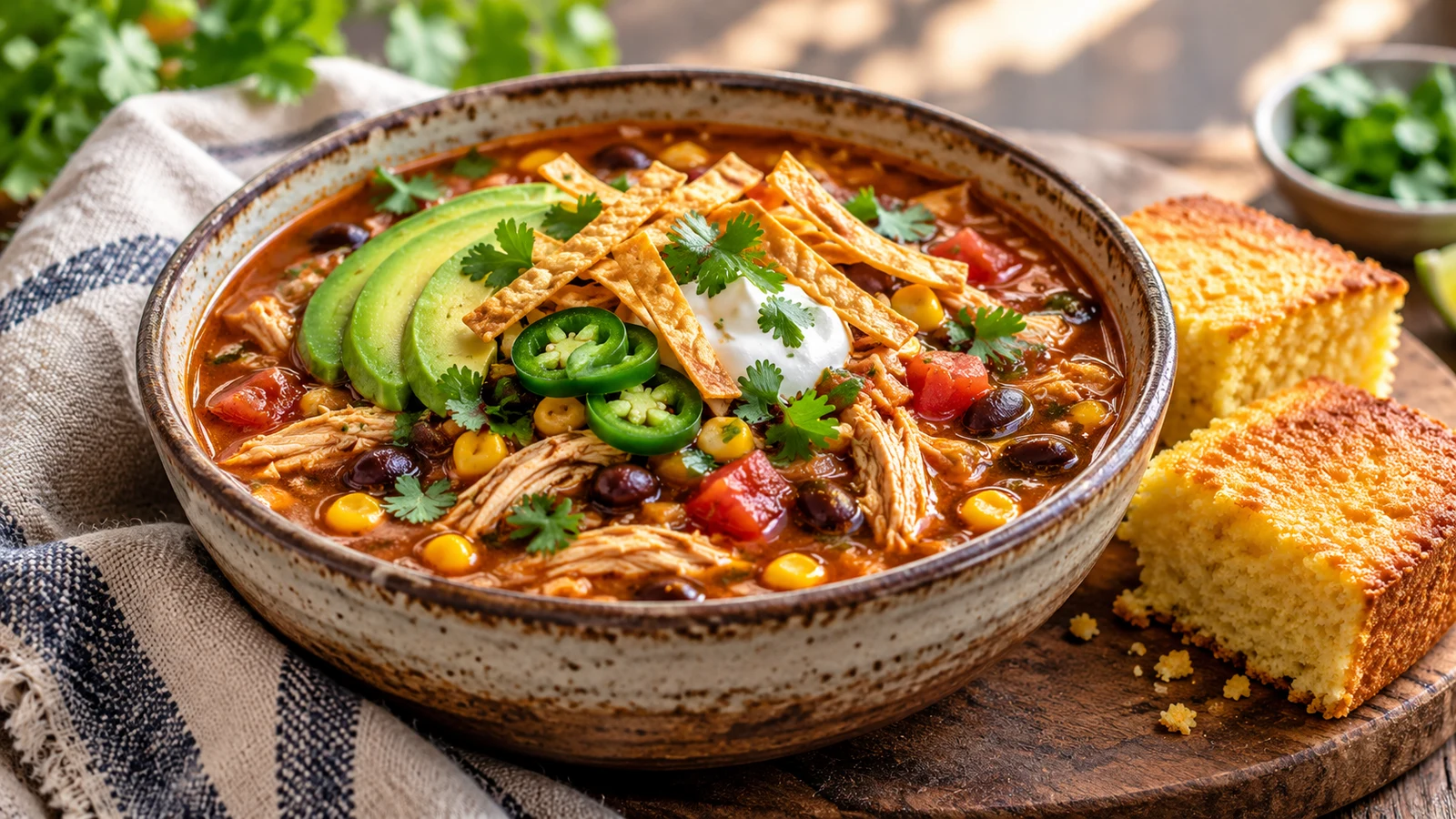 Instant pot chicken tortilla soup topped with avocado and tortilla strips, served with warm cornbread.