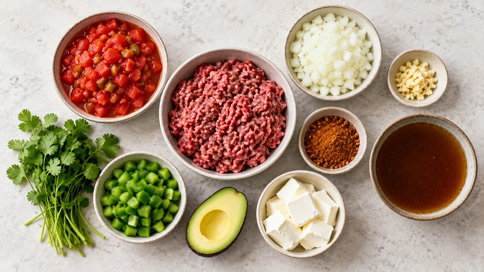 Keto taco soup recipe: keto taco soup ingredients with ground beef, cream cheese, tomatoes, peppers, onion and herbs.