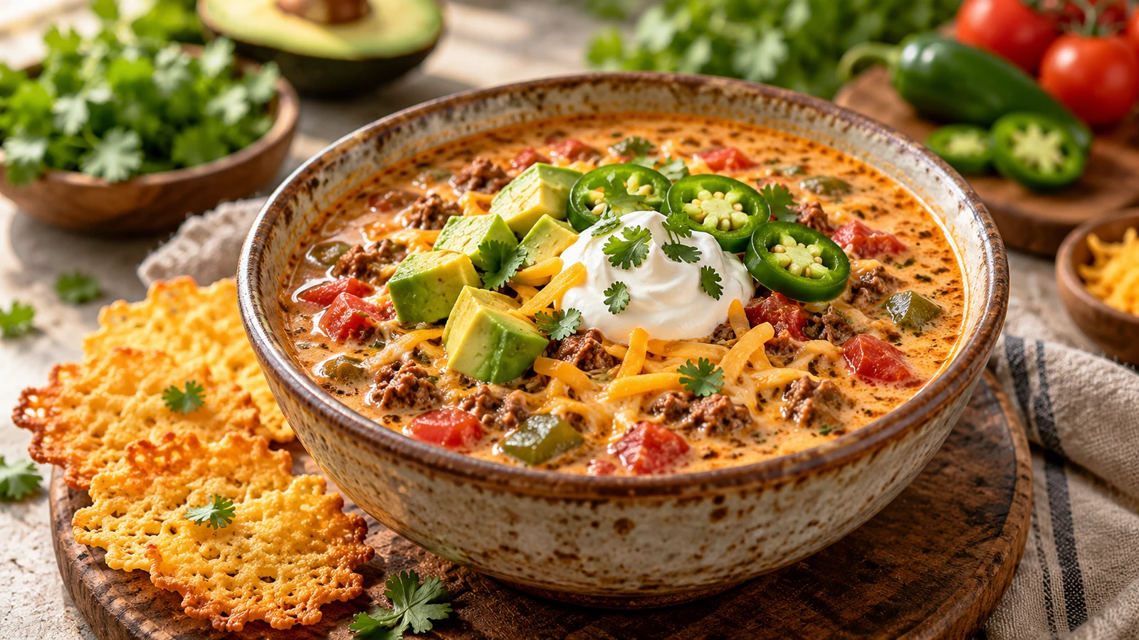 Individual keto taco soup topped with avocado and cheddar, served beside keto cheese crisps.