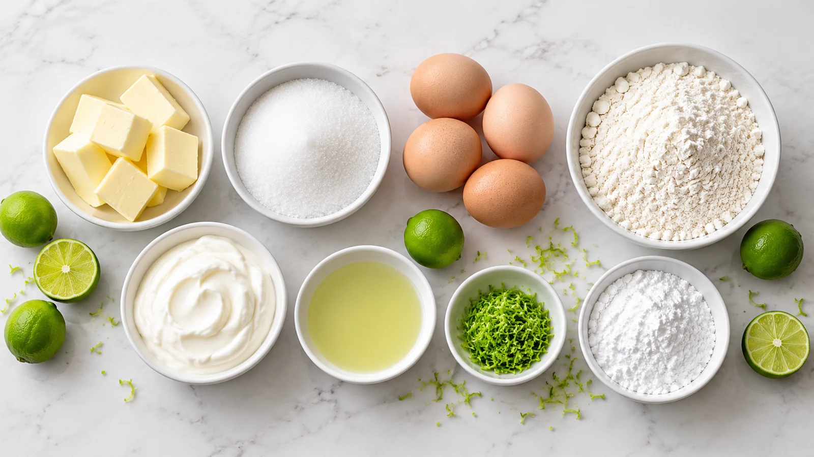 Key lime pound cake recipe: ingredients for key lime pound cake arranged in bowls with fresh key lime juice and zest.