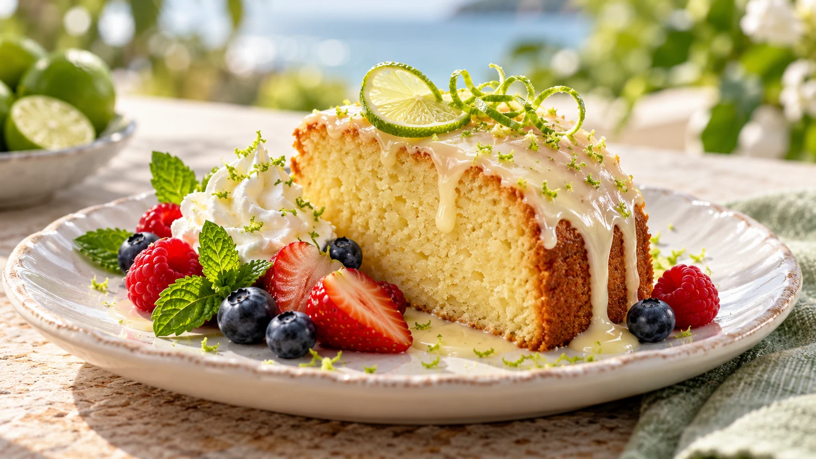 Slice of key lime pound cake served with fresh berries, whipped cream, lime zest, and a key lime slice.