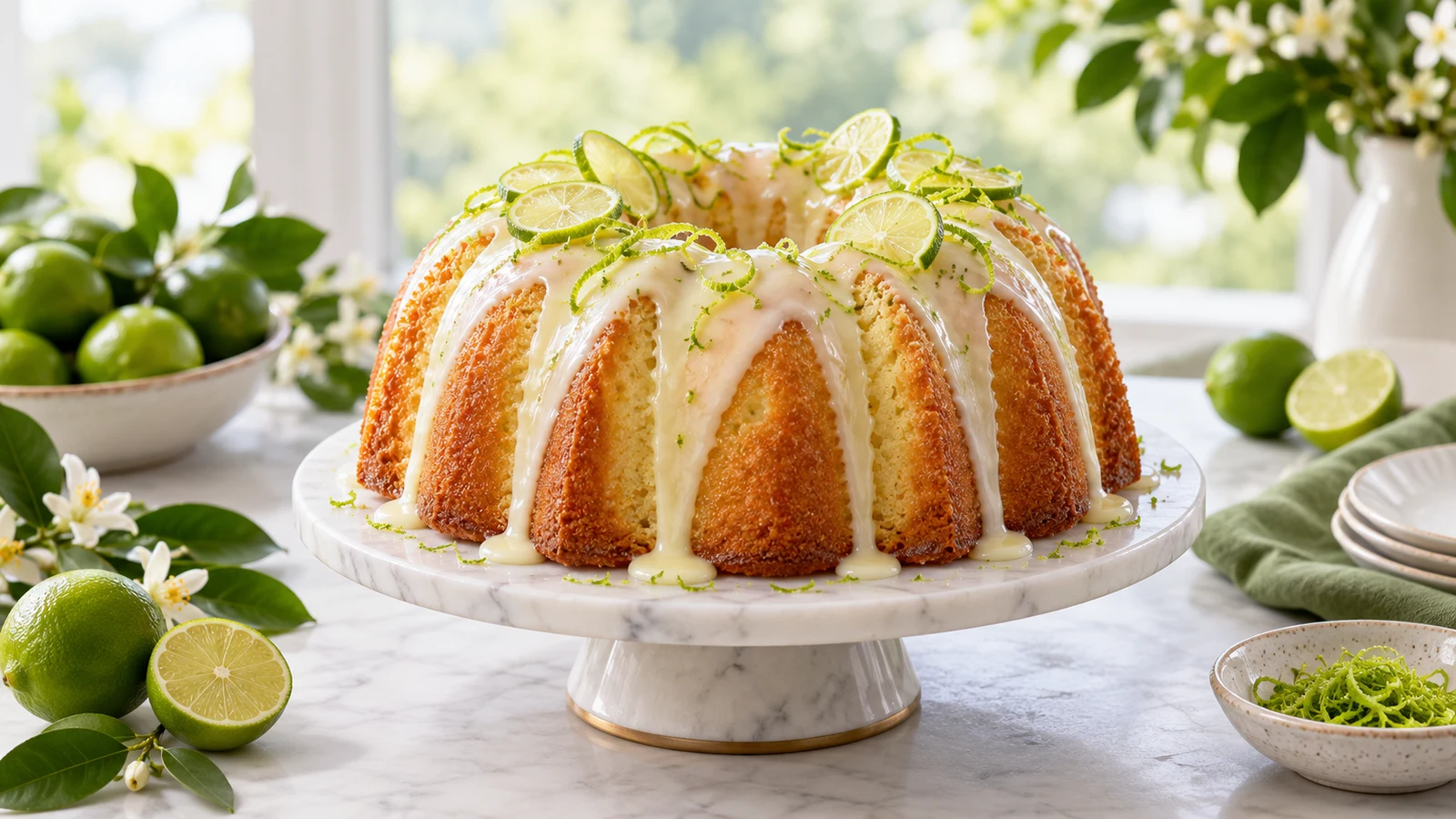 Key lime pound cake with silky citrus glaze, lime-zest curls, and thin lime slices on a modern table.