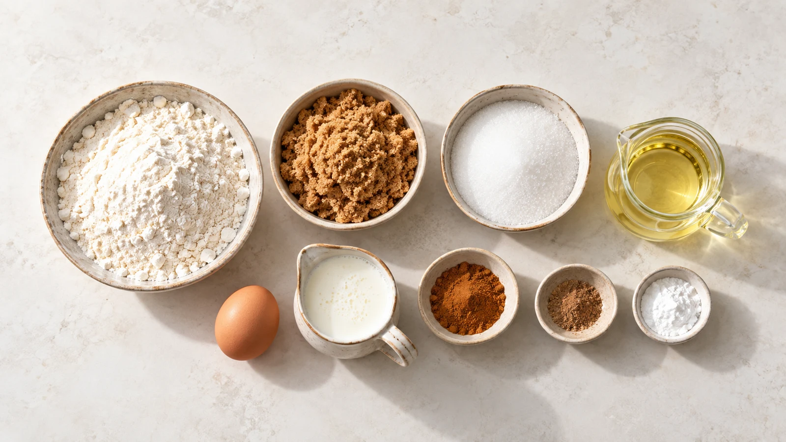 Lausd coffee cake recipe: ingredients for LAUSD coffee cake arranged in bowls with cinnamon, nutmeg, flour, sugars, egg, and buttermilk.