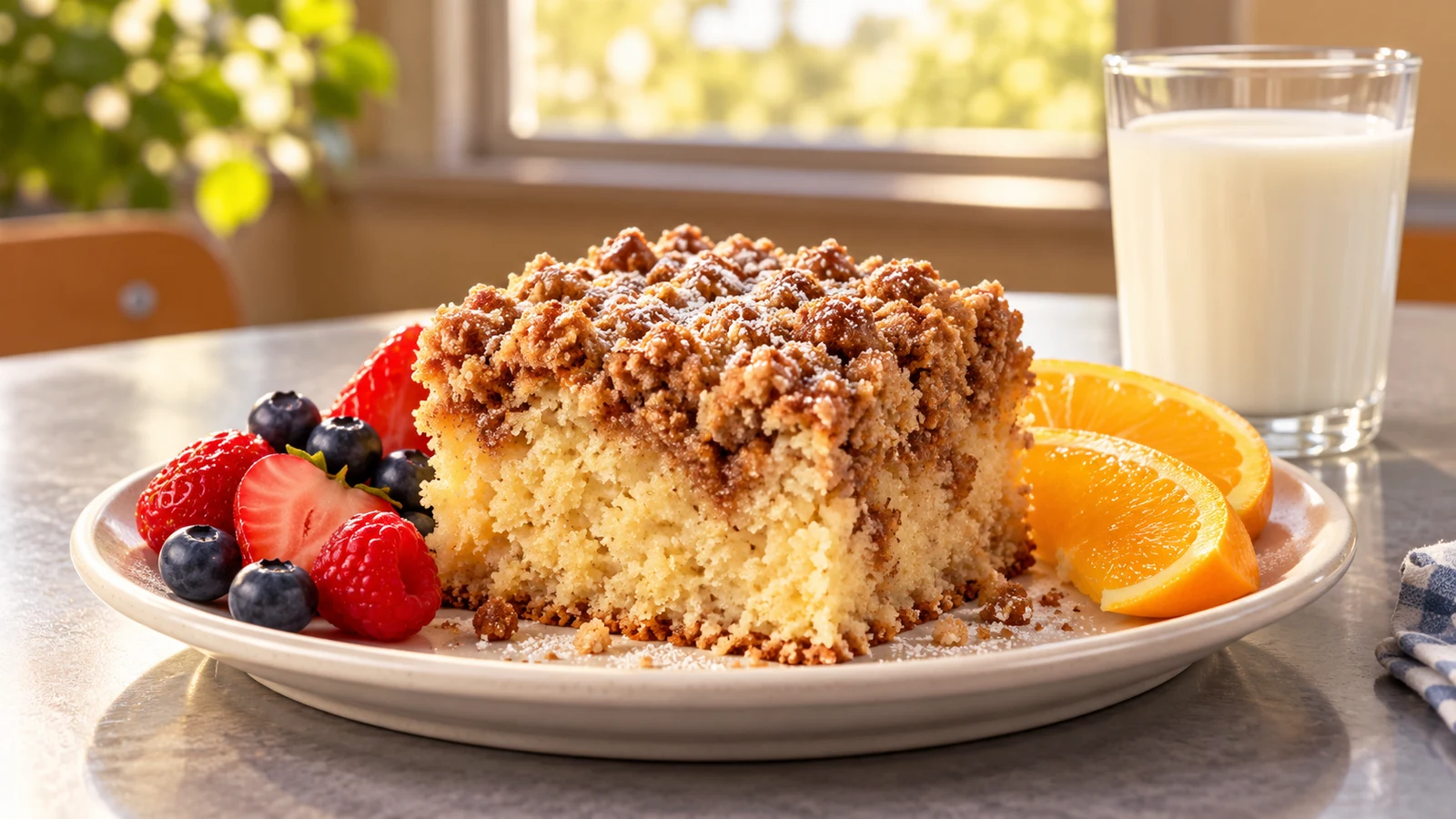 LAUSD coffee cake slice served with powdered sugar, fresh berries, orange slices, and milk.