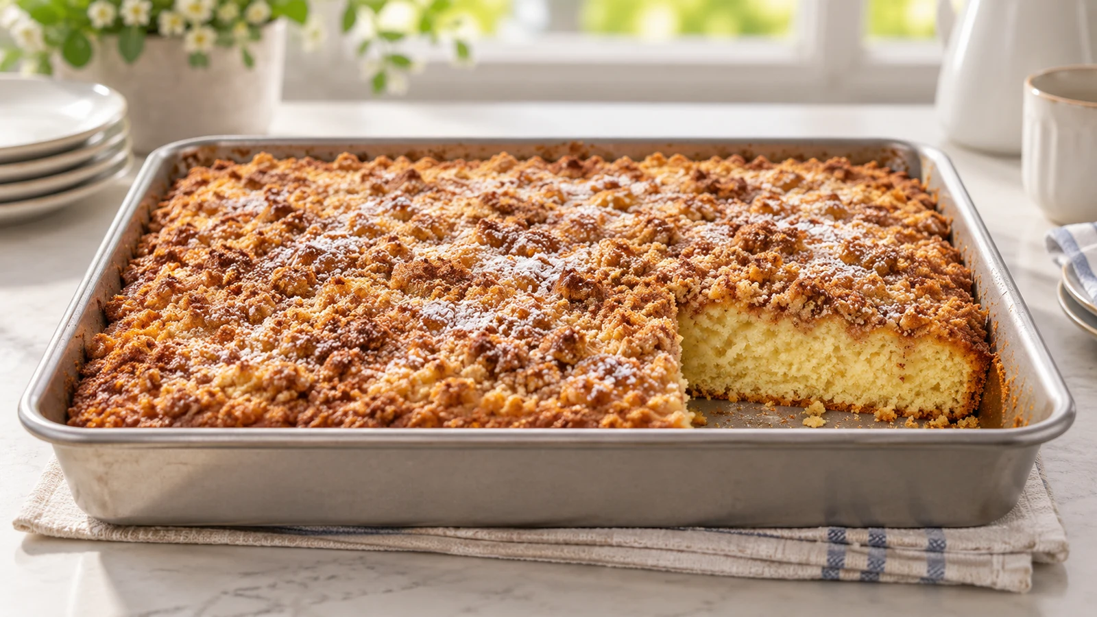 LAUSD coffee cake with golden cinnamon-nutmeg streusel and powdered sugar in a baking pan.