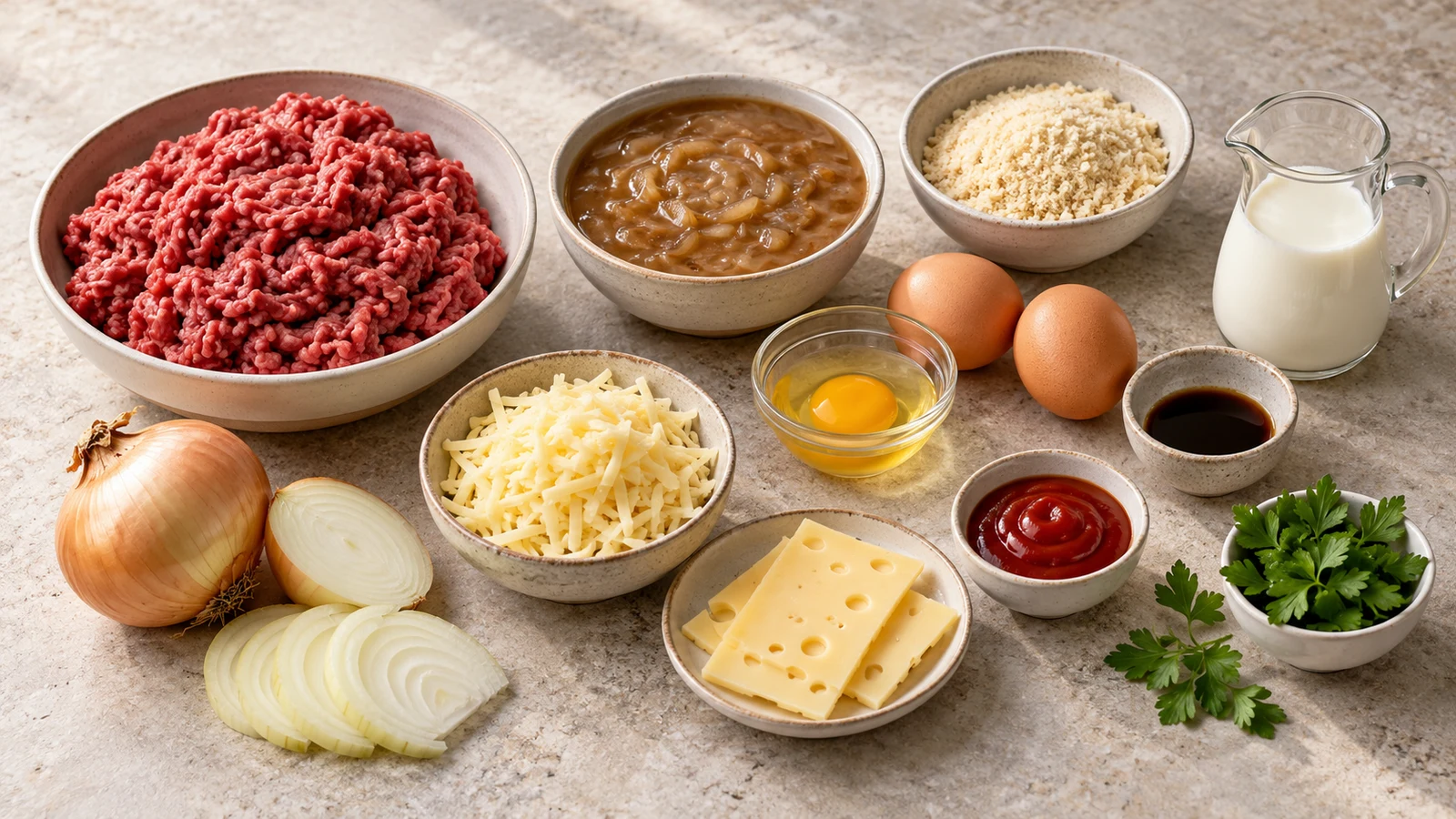 Ingredients for meatloaf recipe using french onion soup