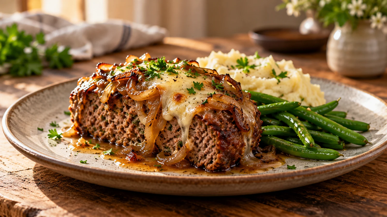 Meatloaf recipe using french onion soup plated and served