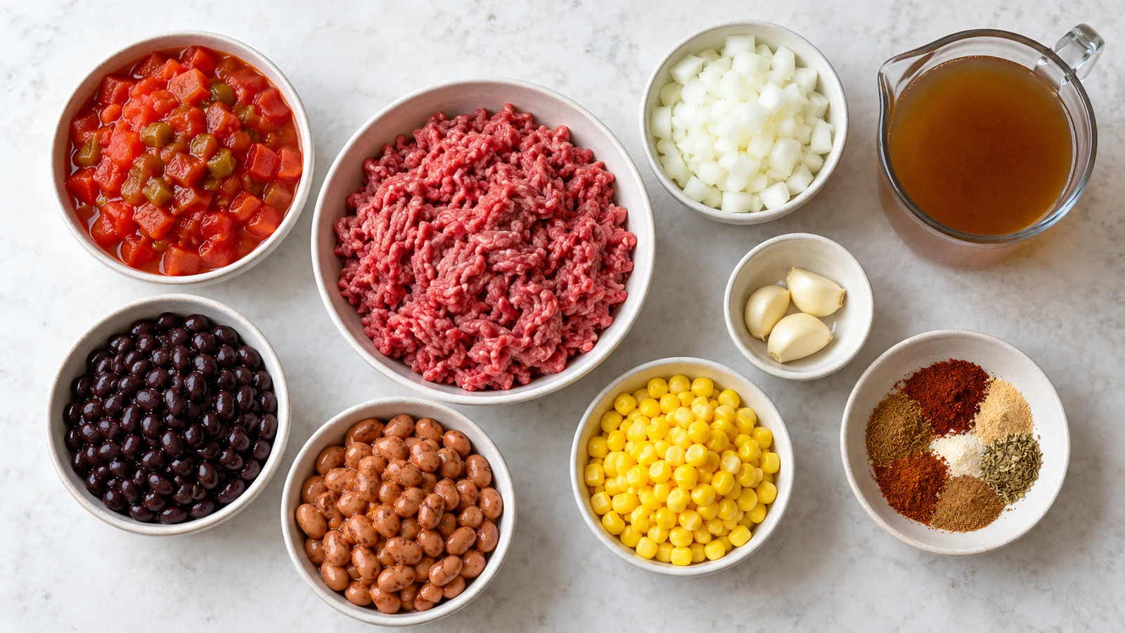 Mexican taco soup recipe: ingredients for Mexican taco soup, including ground beef, beans, corn, tomatoes, onion, garlic and seasoning.