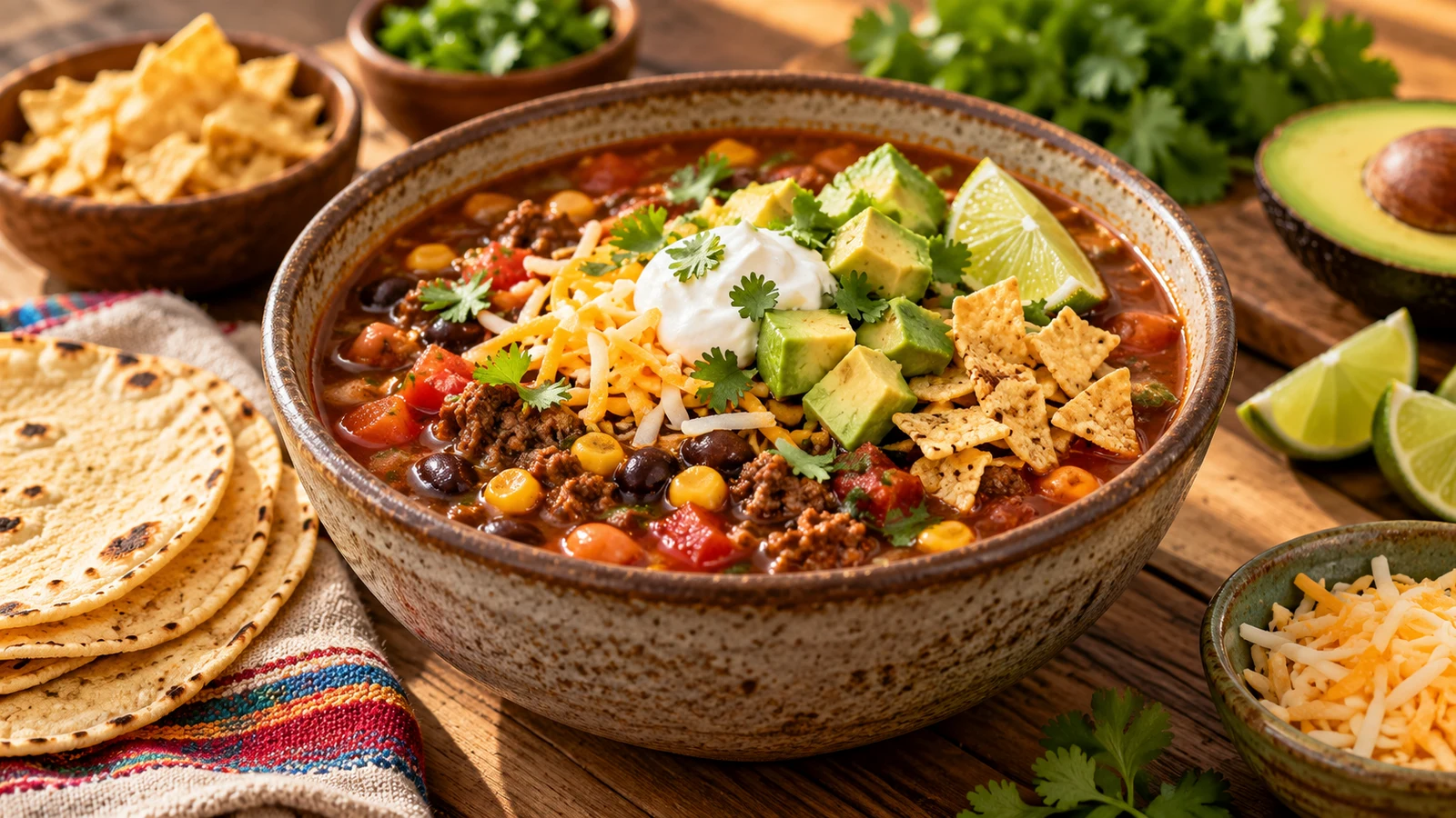 Mexican taco soup garnished with cheese, avocado, cilantro and sour cream, served with warm corn tortillas.