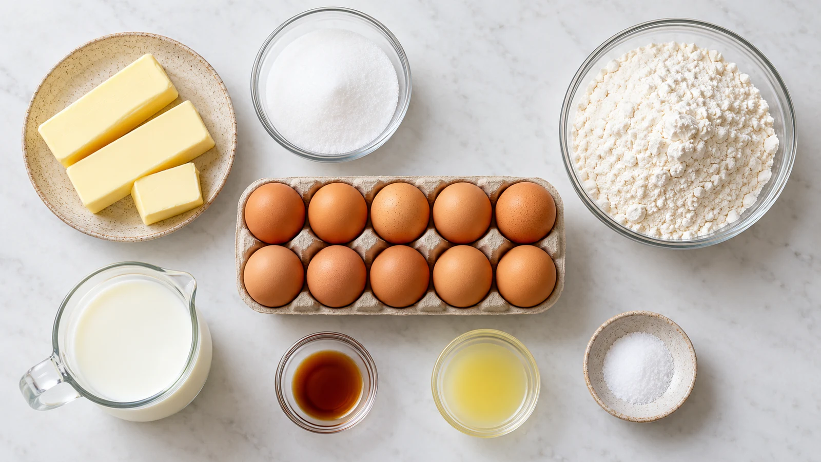 Mile high pound cake ingredients arranged in bowls, including butter, sugar, eggs, flour, milk, and lemon.
