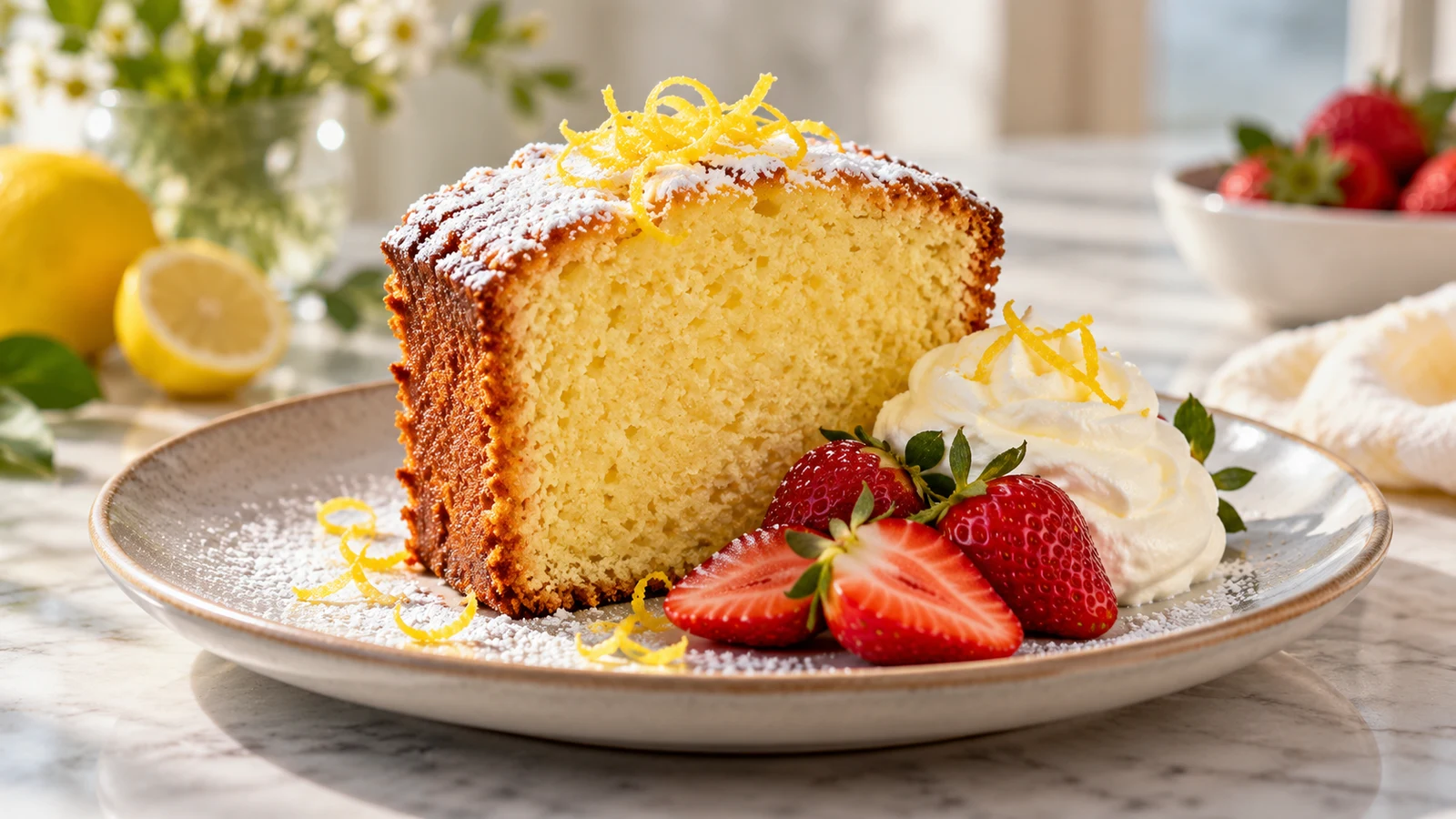 Mile high pound cake slice served with powdered sugar, lemon zest, fresh strawberries, and whipped cream.