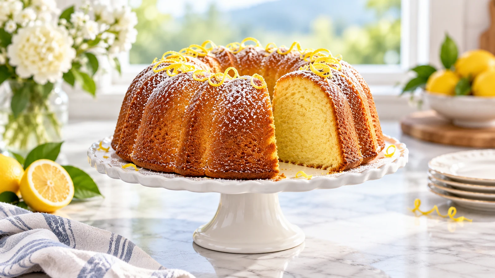Mile high pound cake recipe with a golden crust, powdered sugar, and lemon-zest curls on a white cake stand.