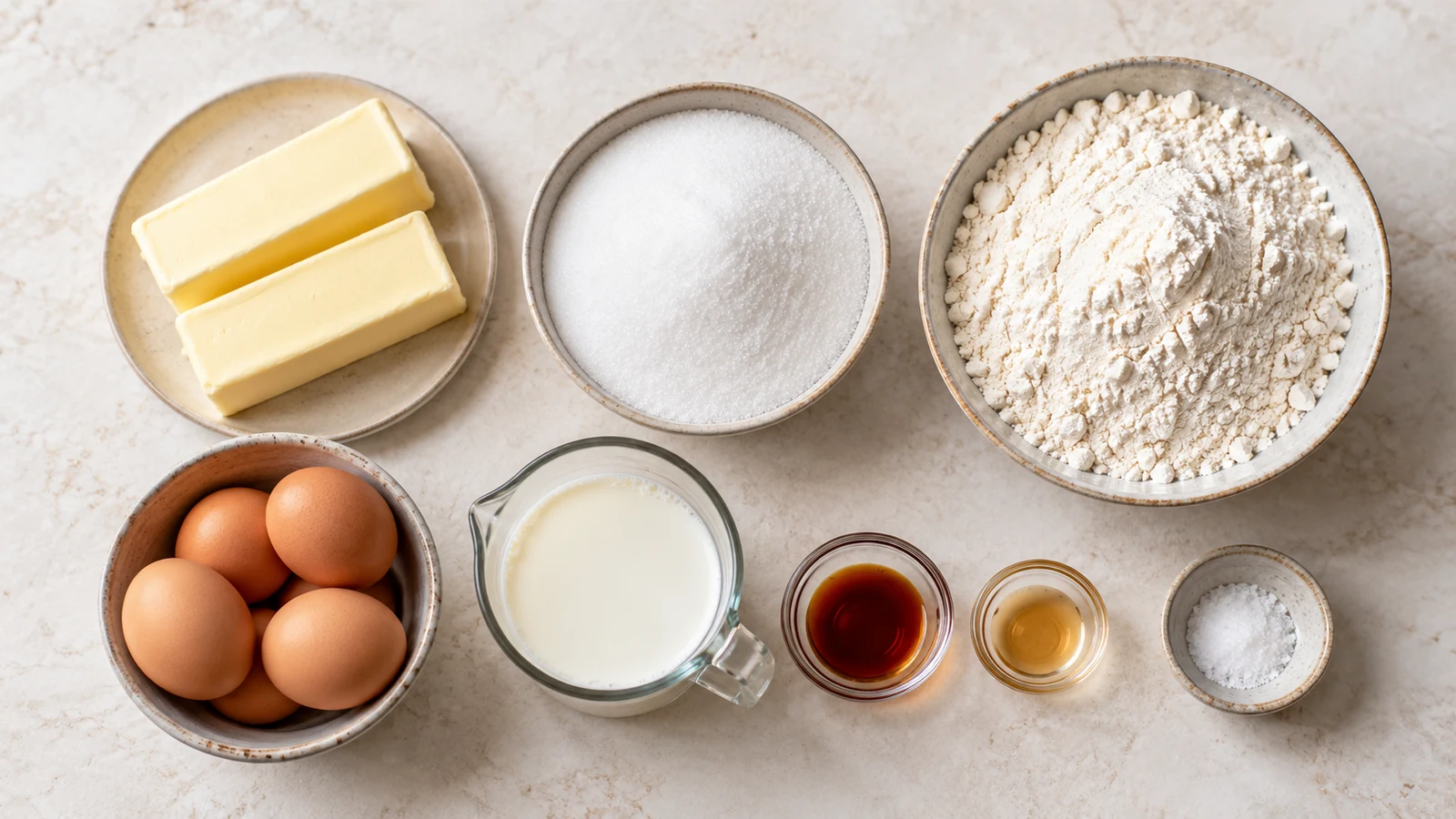 Million dollar pound cake recipe: million dollar pound cake ingredients arranged in a bright, organized flat lay