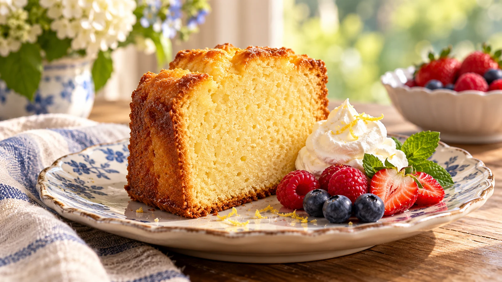 Million dollar pound cake slice served with whipped cream and fresh berries