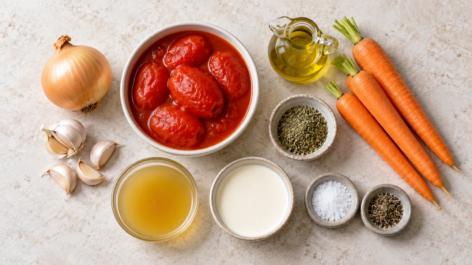 Nordstrom tomato soup recipe: ingredients for Nordstrom tomato soup, including plum tomatoes, carrots, onion, garlic, basil, broth, and cream.