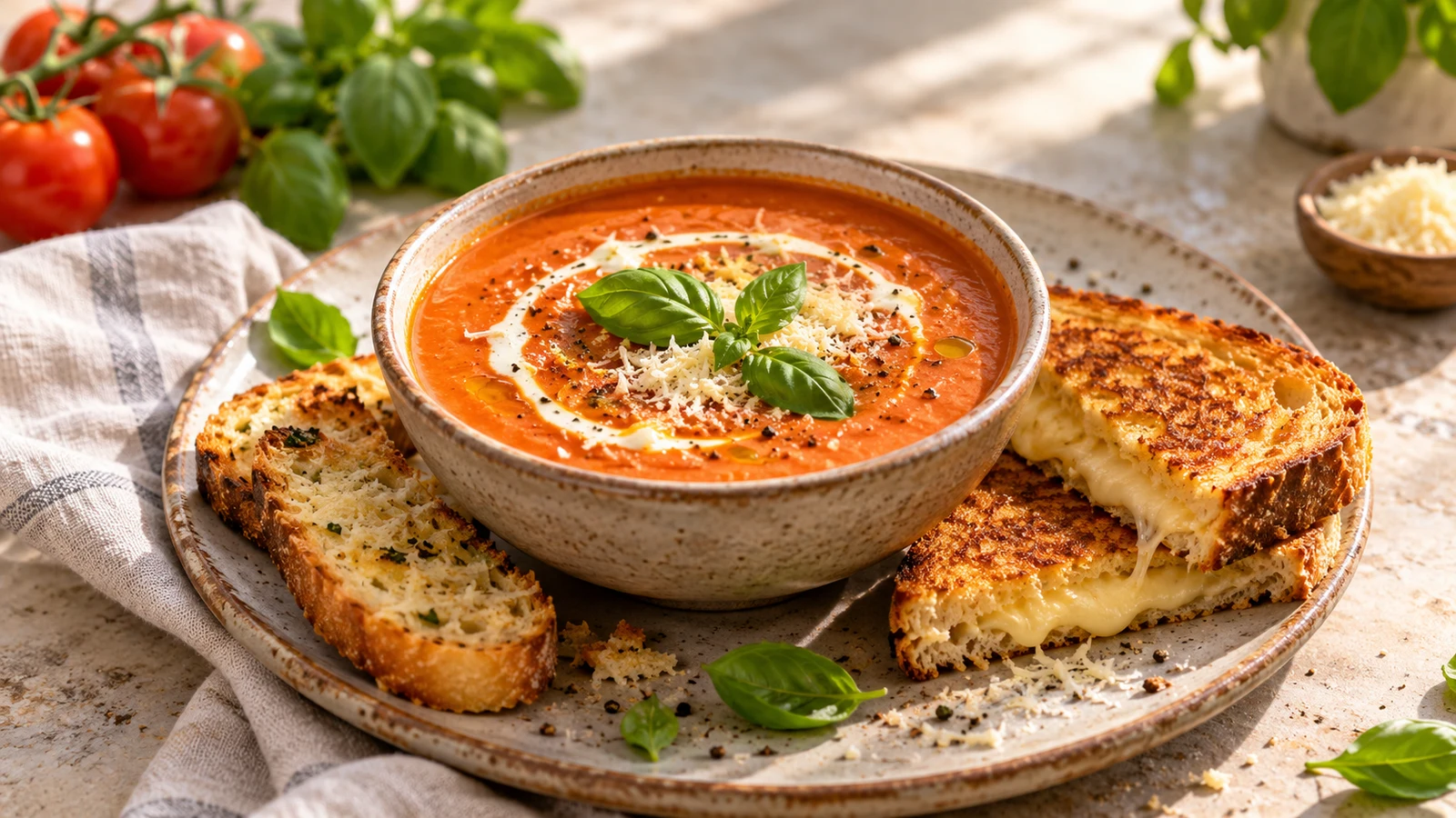 Nordstrom tomato soup served with Parmesan crostini and a small golden grilled-cheese sandwich.