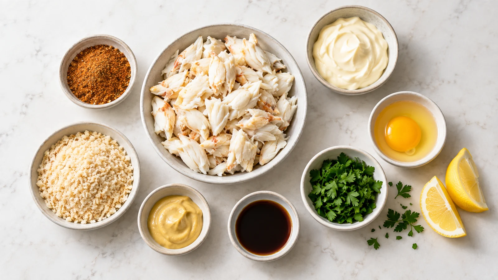 Old bay crab cake recipe: ingredients for old bay crab cake arranged in bowls on a bright, clean surface.