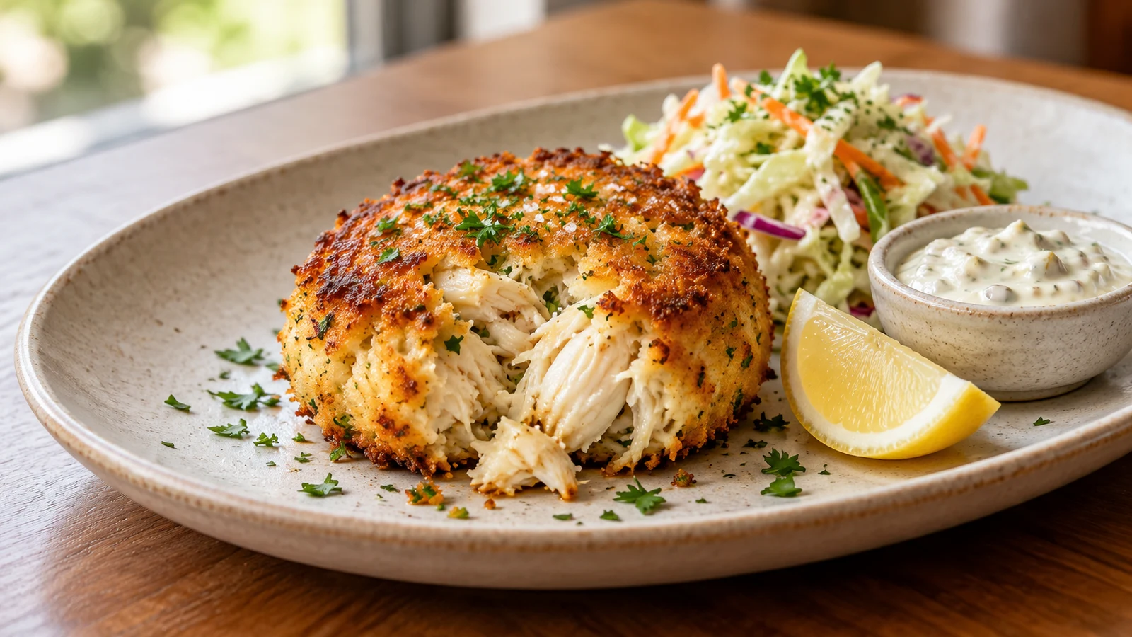Individual old bay crab cake served with lemon, parsley, coleslaw and tartar sauce.