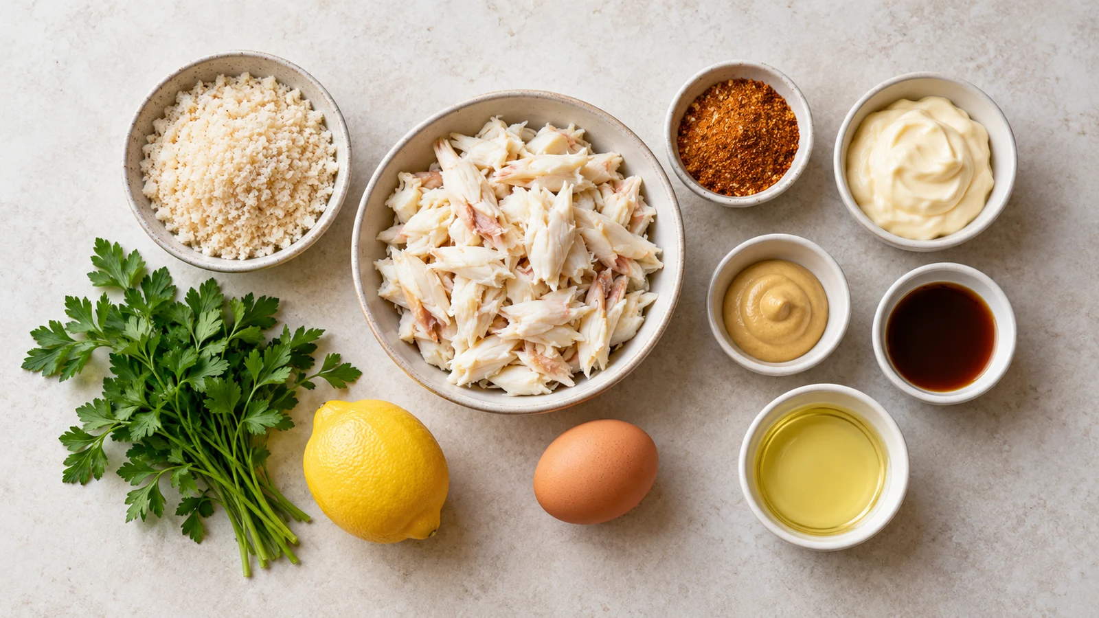 Old bay seasoning crab cake recipe: ingredients for Old Bay seasoning crab cake arranged in bowls on a light stone surface.
