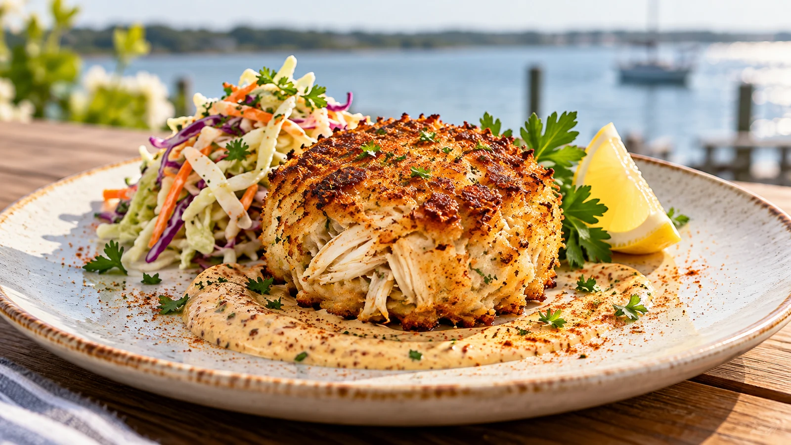Old Bay seasoning crab cake served with remoulade, crisp coleslaw, parsley, and lemon.