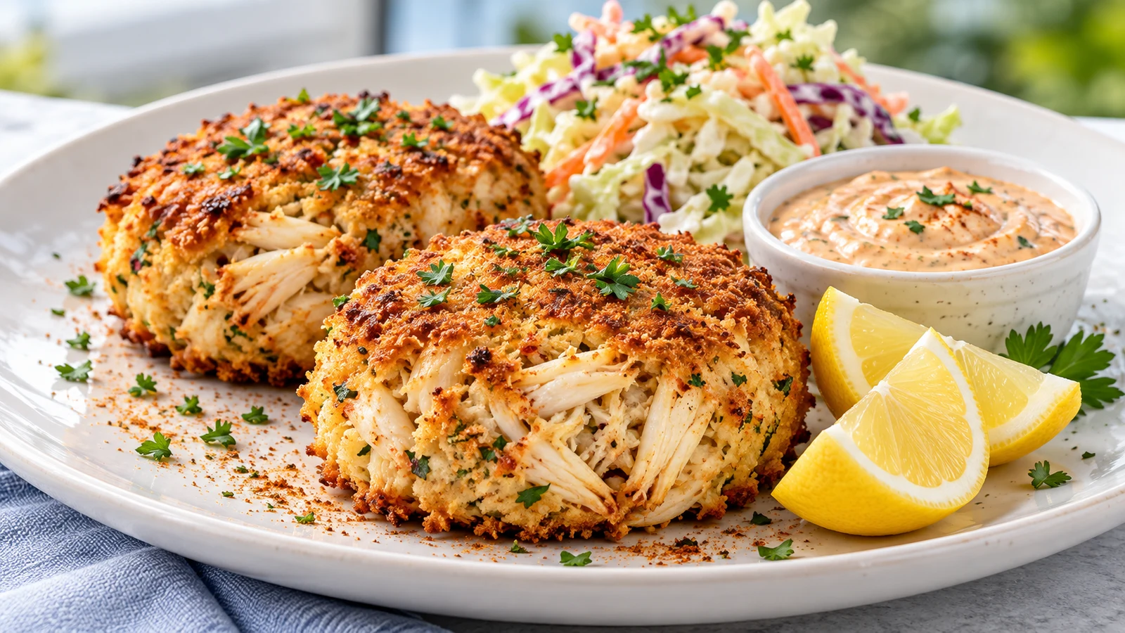 Old Bay seasoning crab cake with golden crust, remoulade, coleslaw, parsley, and lemon wedges.