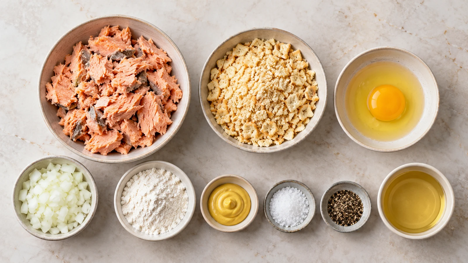 Old fashioned salmon patties recipe: ingredients for old fashioned salmon patties arranged in bowls on a light stone surface.