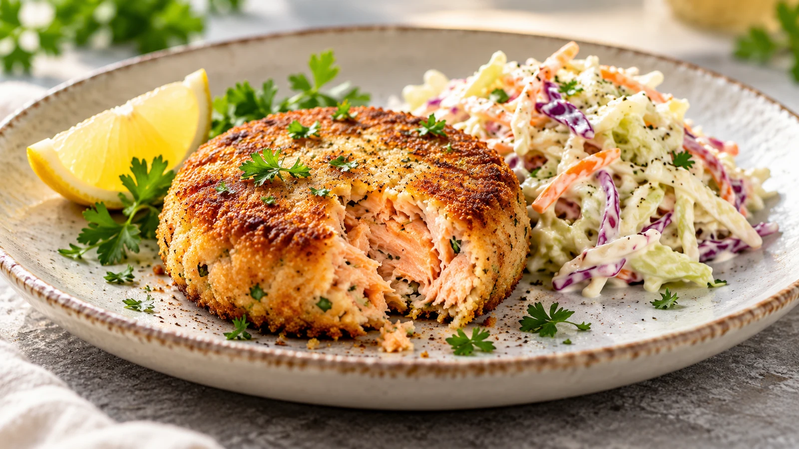Old fashioned salmon patties served with chopped parsley, a lemon wedge and creamy coleslaw.
