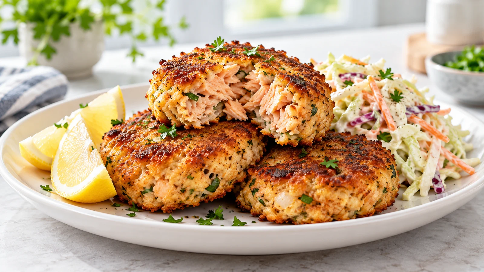Old fashioned salmon patties stacked with lemon, parsley and creamy coleslaw on a white plate.